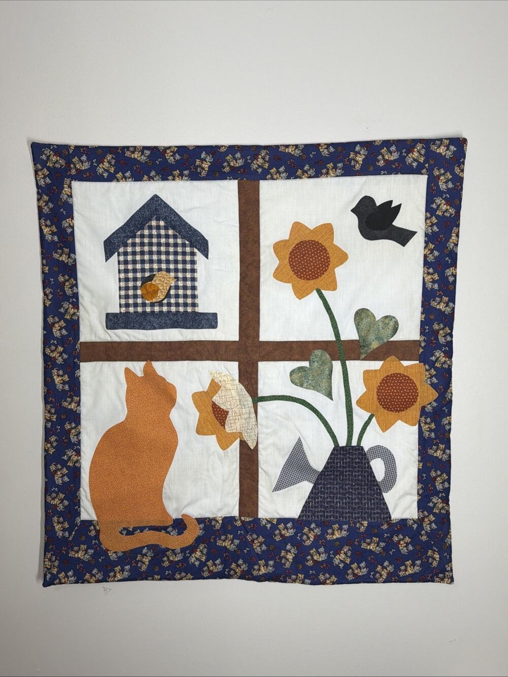 Handmade Windowpane Quilt Wall Hanging Cat Sunflower Birdhouse Folk Art Applique